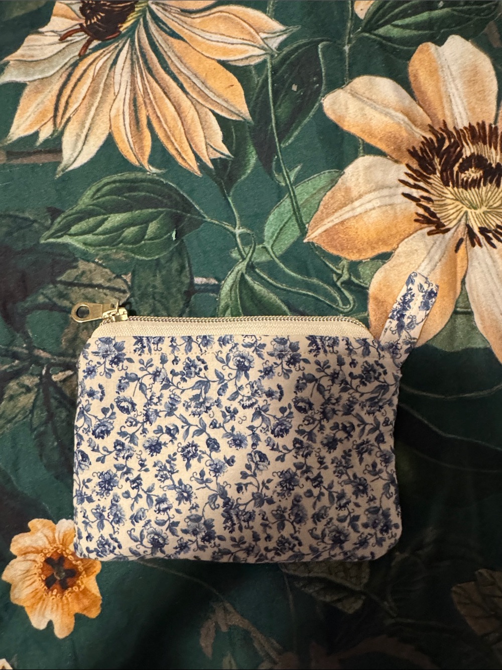 Handcrafted Blue Floral Zip Pouch Wallet 6x4.5